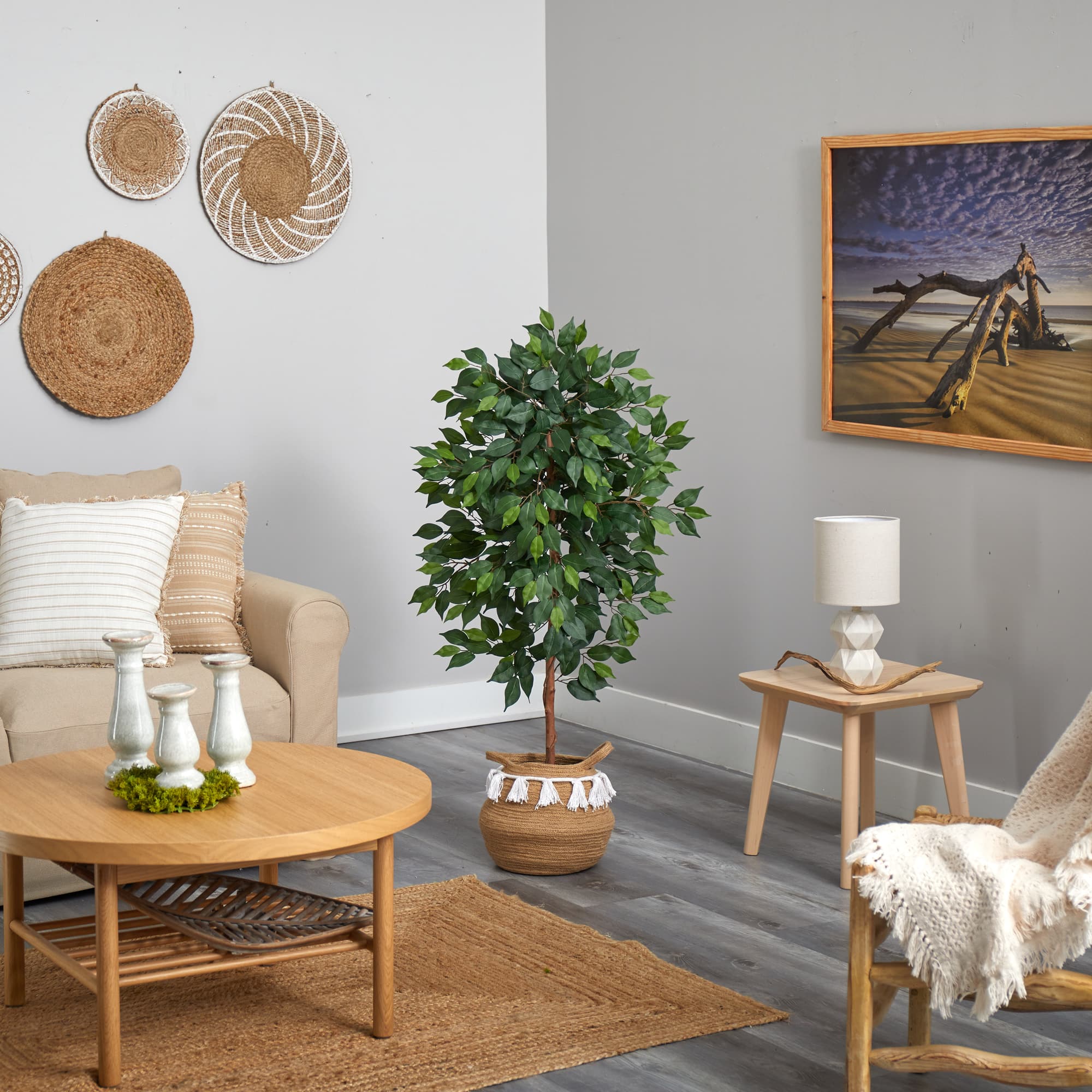 4ft. Ficus Artificial Tree in Boho Chic Handmade Natural Cotton Woven Planter with Tassels